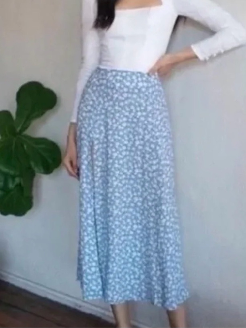 Reformation Floral Midi Skirt Blue White High Rise Front Slit Romantic - Picture 6 of 12